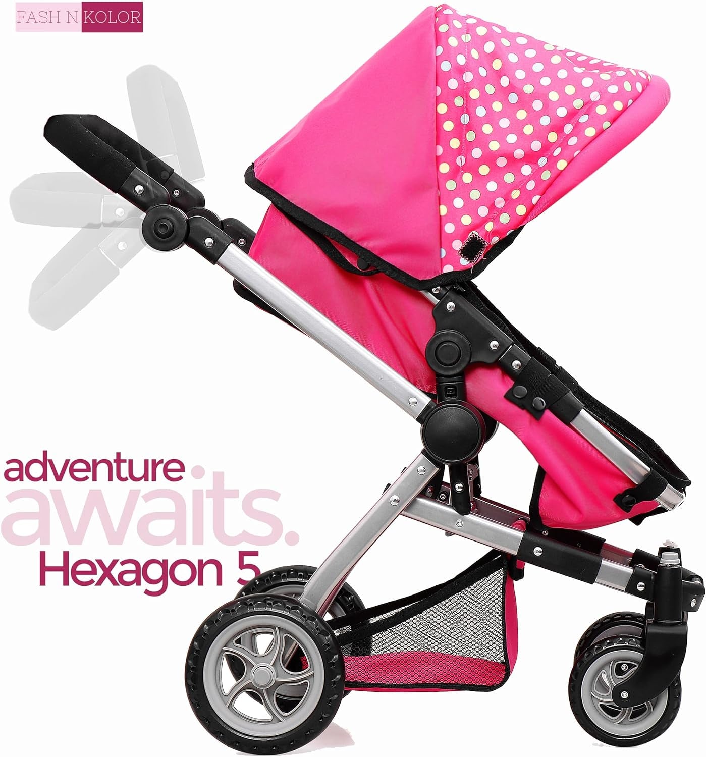 Foldable Pram for Baby Doll with Polka Dots Design with Swiveling Wheel Adjustable Handle