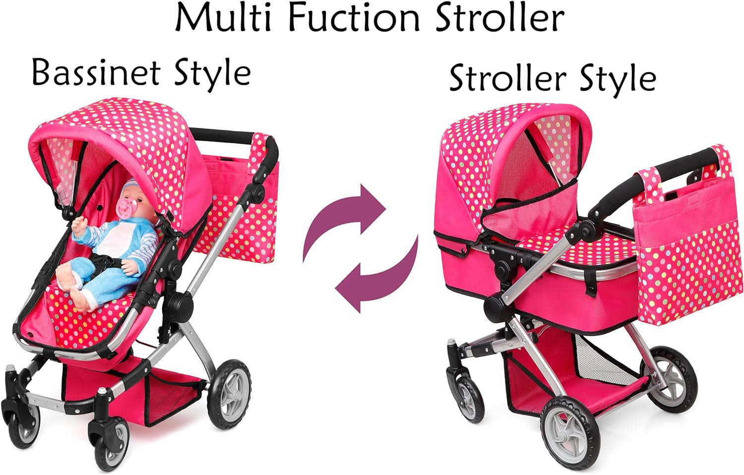 Foldable Pram for Baby Doll with Polka Dots Design with Swiveling Wheel Adjustable Handle