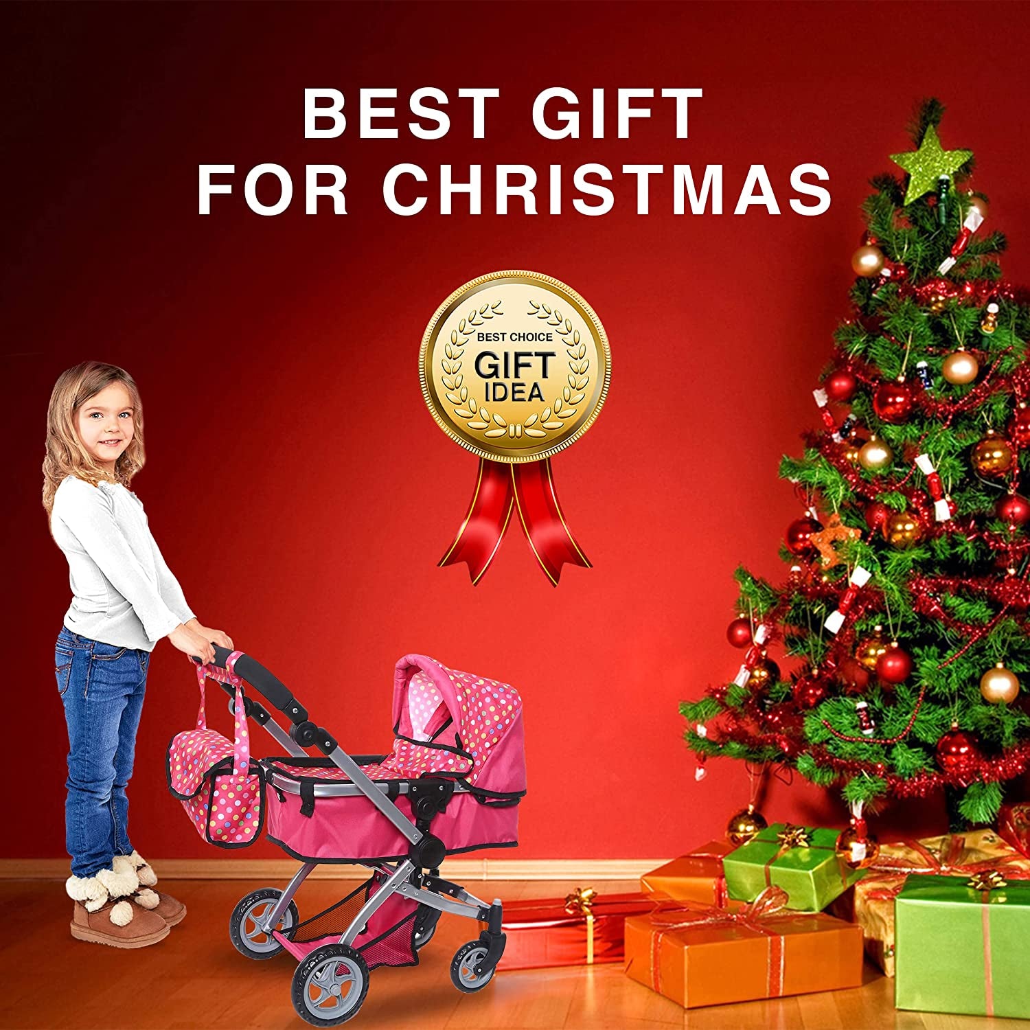 Foldable Pram for Baby Doll with Polka Dots Design with Swiveling Wheel Adjustable Handle