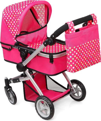 Foldable Pram for Baby Doll with Polka Dots Design with Swiveling Wheel Adjustable Handle