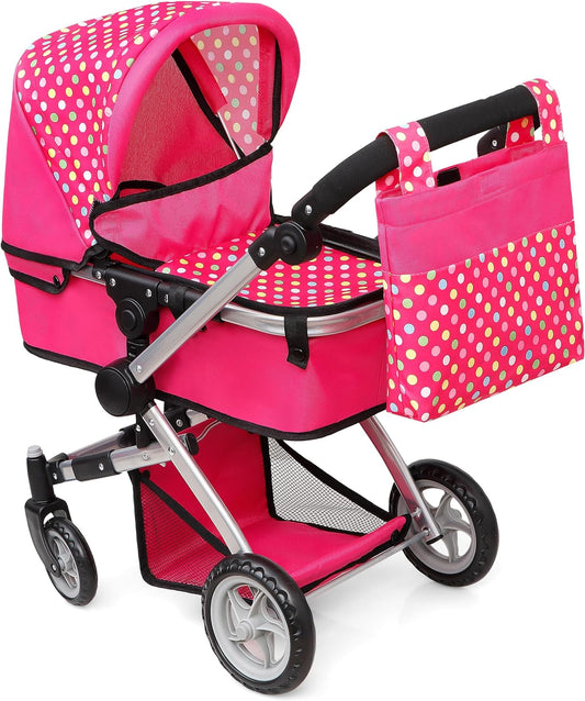 Foldable Pram for Baby Doll with Polka Dots Design with Swiveling Wheel Adjustable Handle